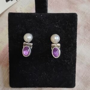 Cleoni Vintage Real Pearl & Amethyst Earrings Set In Silver